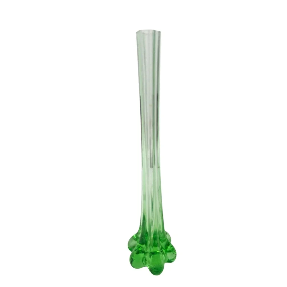 Vintage Green Swung Glass Bud Vase Mid-Century Modern 6-Toe Base 11.5 Inch